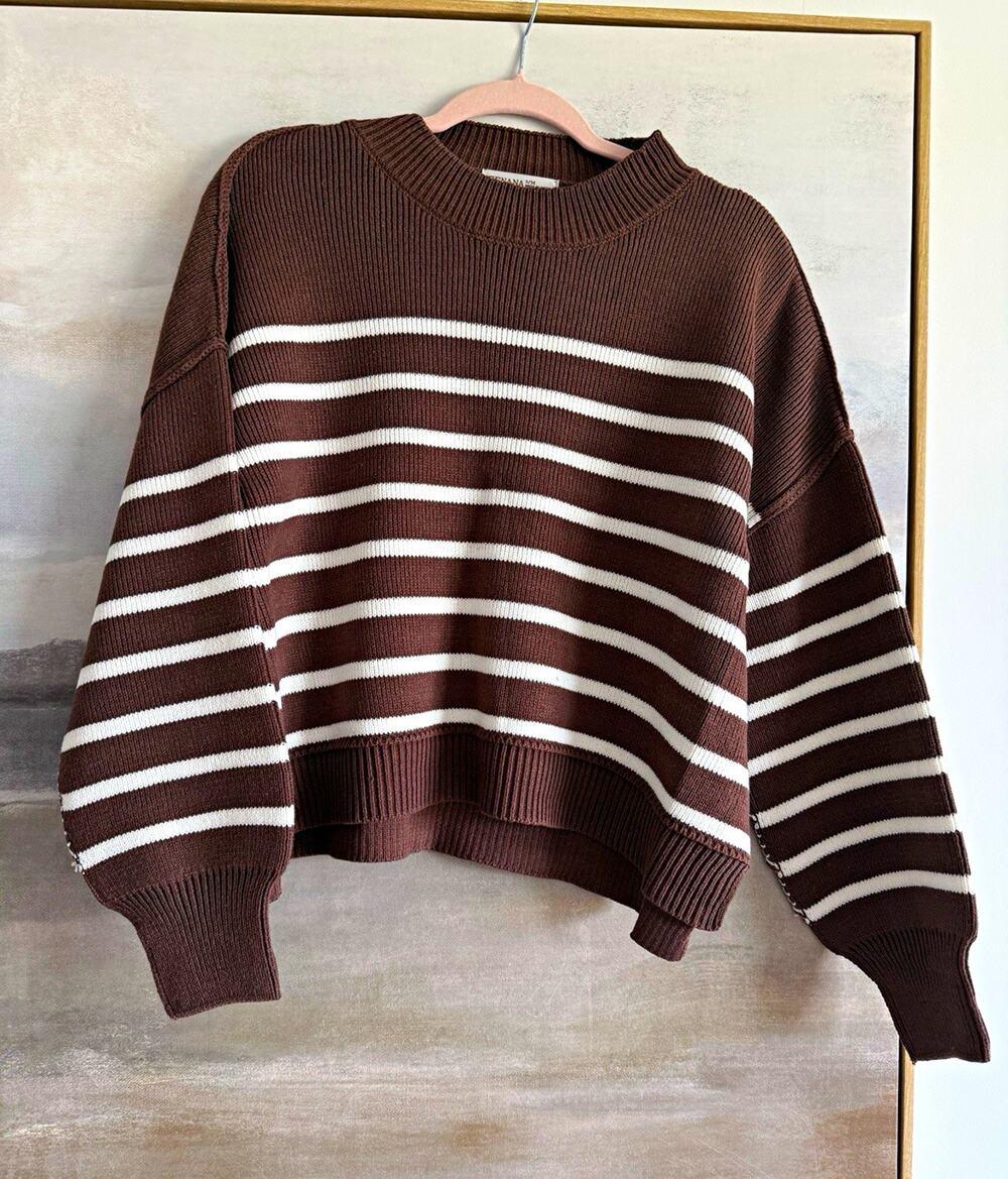 Zenana Women’s Striped Rib-Knit Exposed Seam Oversized Sweater Brown S/M